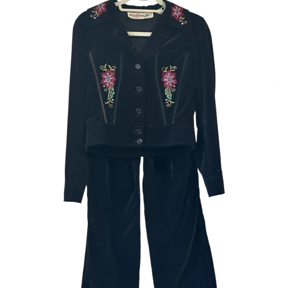 Vintage velvet black jacket and pants size youth 8 Pink and green embroidery.